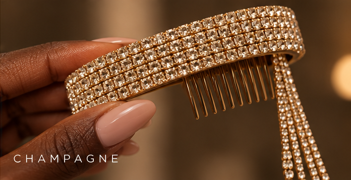 Crystal Fringe Hair Comb in champagne crystals held by a Black hand
