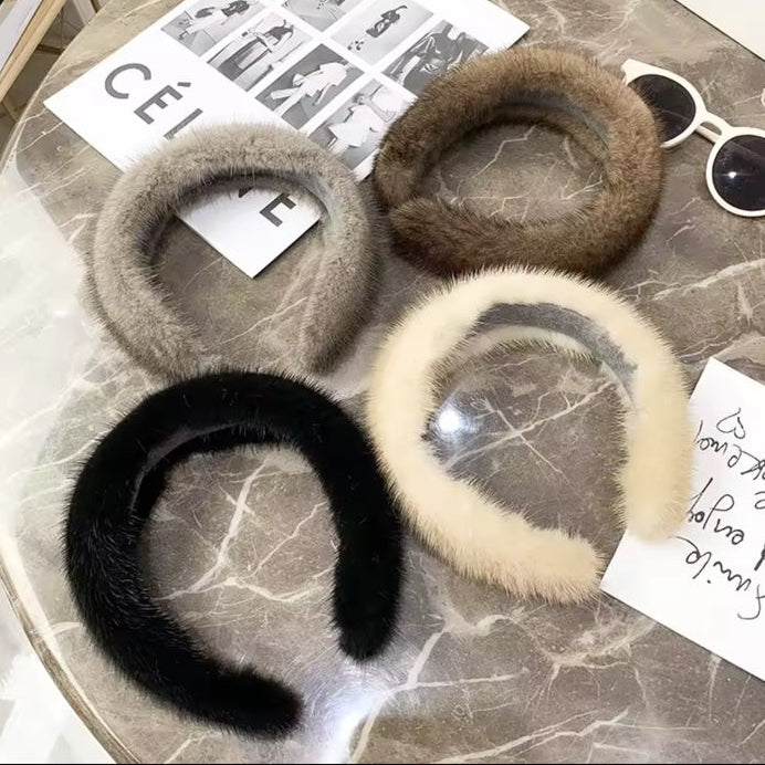Faux-fur headbands in black, cream, grey, dark grey, and brown