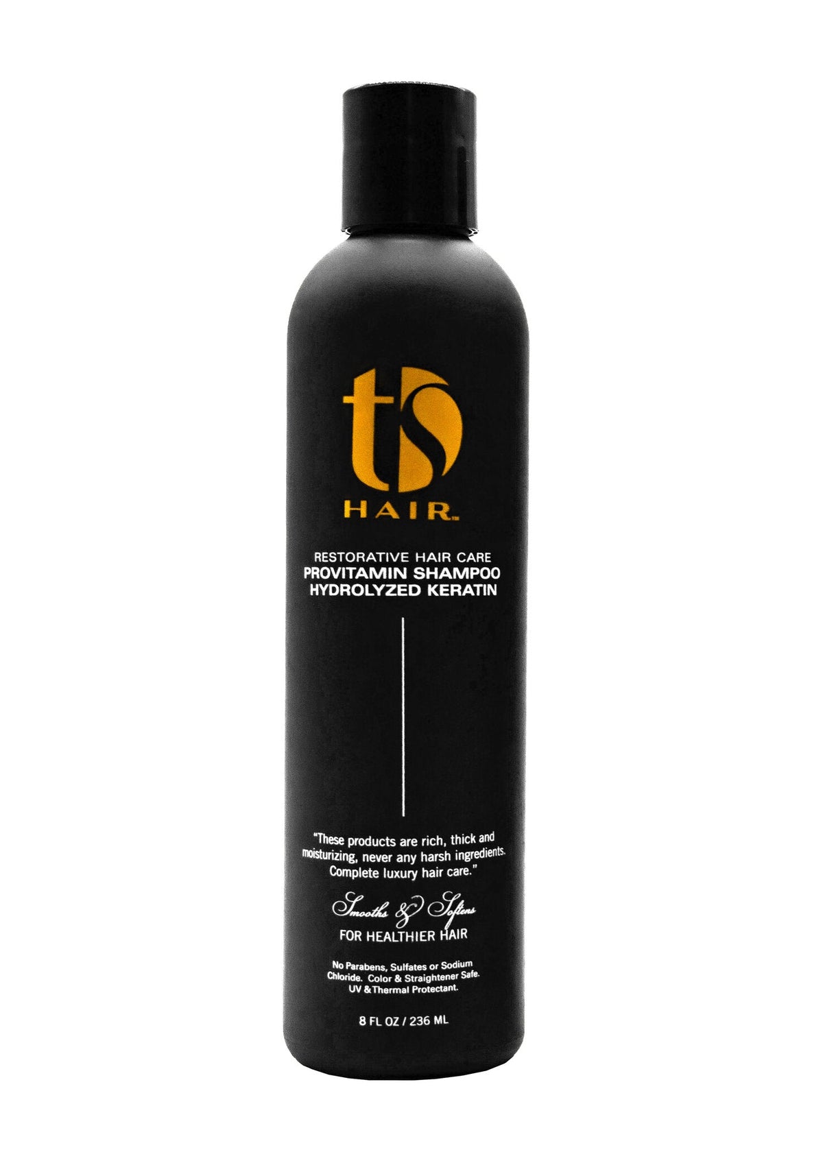 Black shampoo bottle with 'ts hair' branding on a white background
