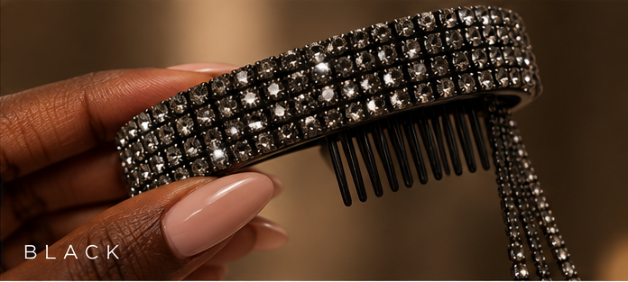 Crystal Fringe Hair Comb in black crystals held by a Black hand