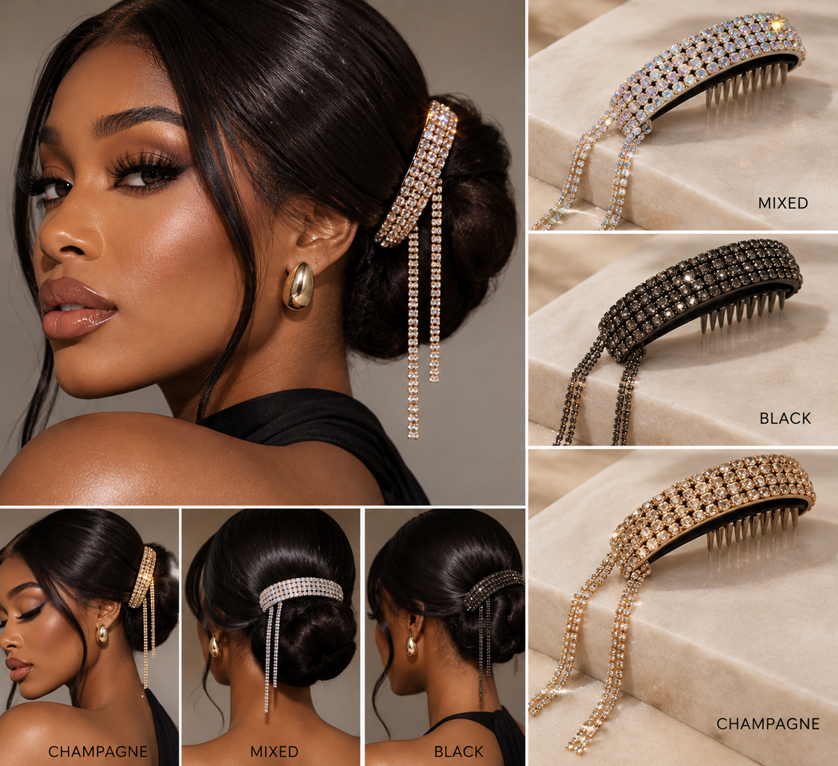 TSD Hair Crystal Fringe Hair Comb styled on a Black model with color product close-ups