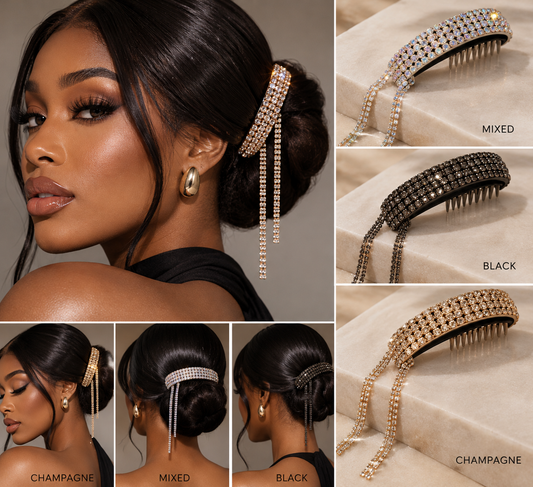 TSD Hair Crystal Fringe Hair Comb styled on a Black model with color product close-ups