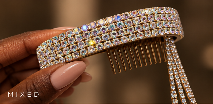 Crystal Fringe Hair Comb in mixed crystals held by a Black hand