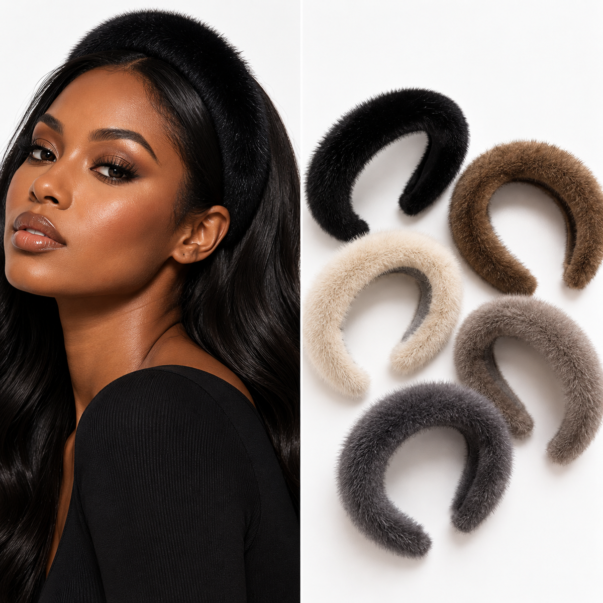 Black model wearing a plush black faux-fur headband with five color options shown