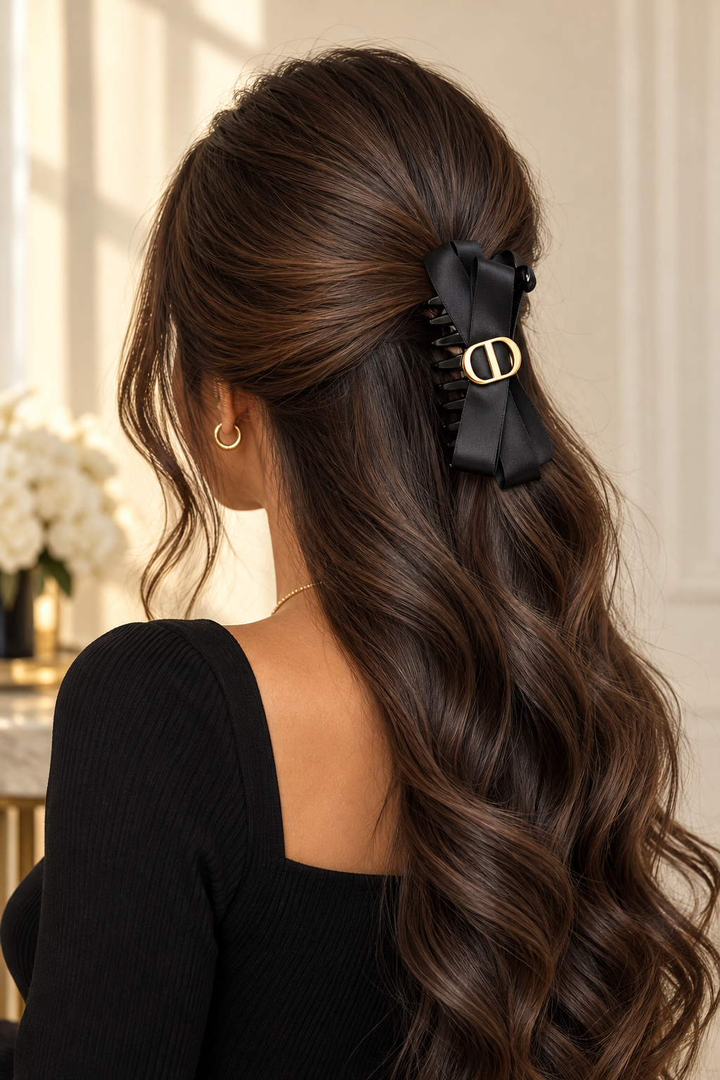 Black satin bow claw clip with gold-tone accent worn in glossy wavy hair
